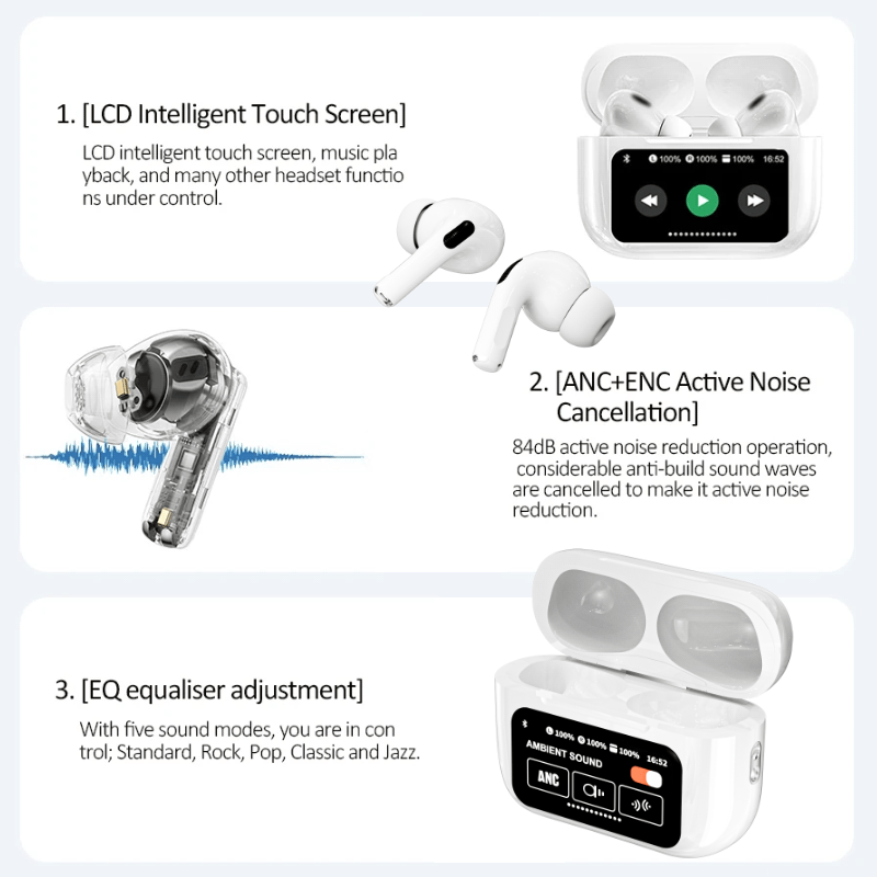 TouchPods S10 Pro ANC/ENC căști wireless Bluetooth, ecran tactil LCD, anulare activă a zgomotului, traducător AI inteligent