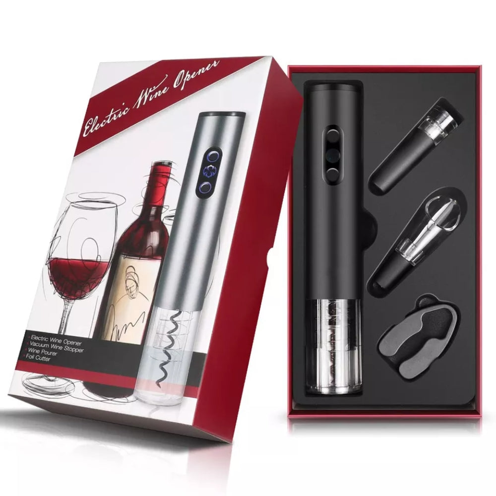 Set 4 în 1 pentru vin, deschizător electric, dop vacuum, aerator și tăietor de folie