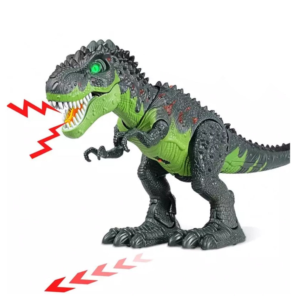 Un robot dinozaur care suflă foc