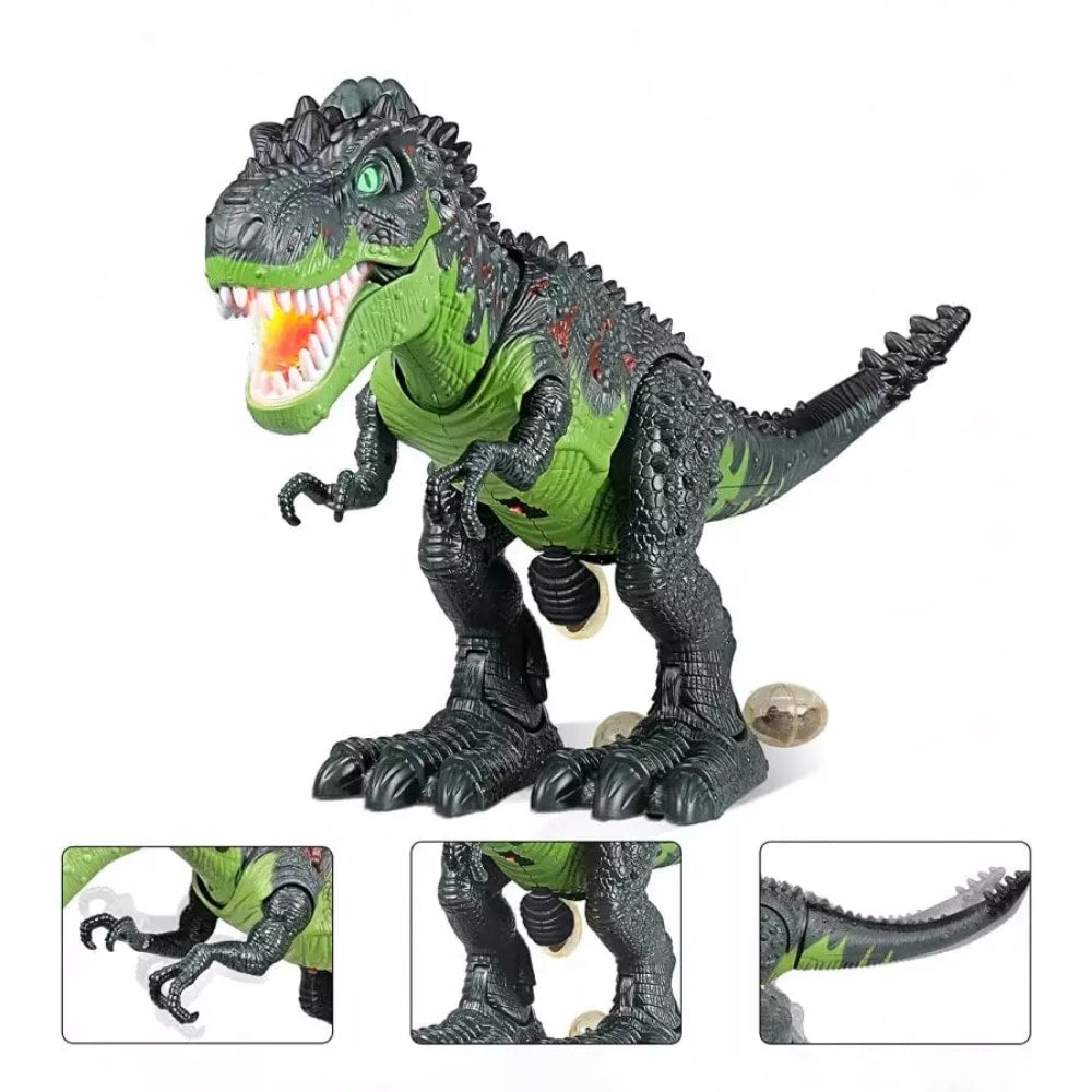 Un robot dinozaur care suflă foc