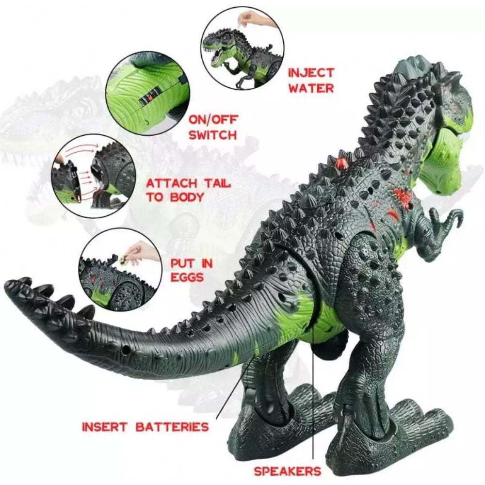 Un robot dinozaur care suflă foc