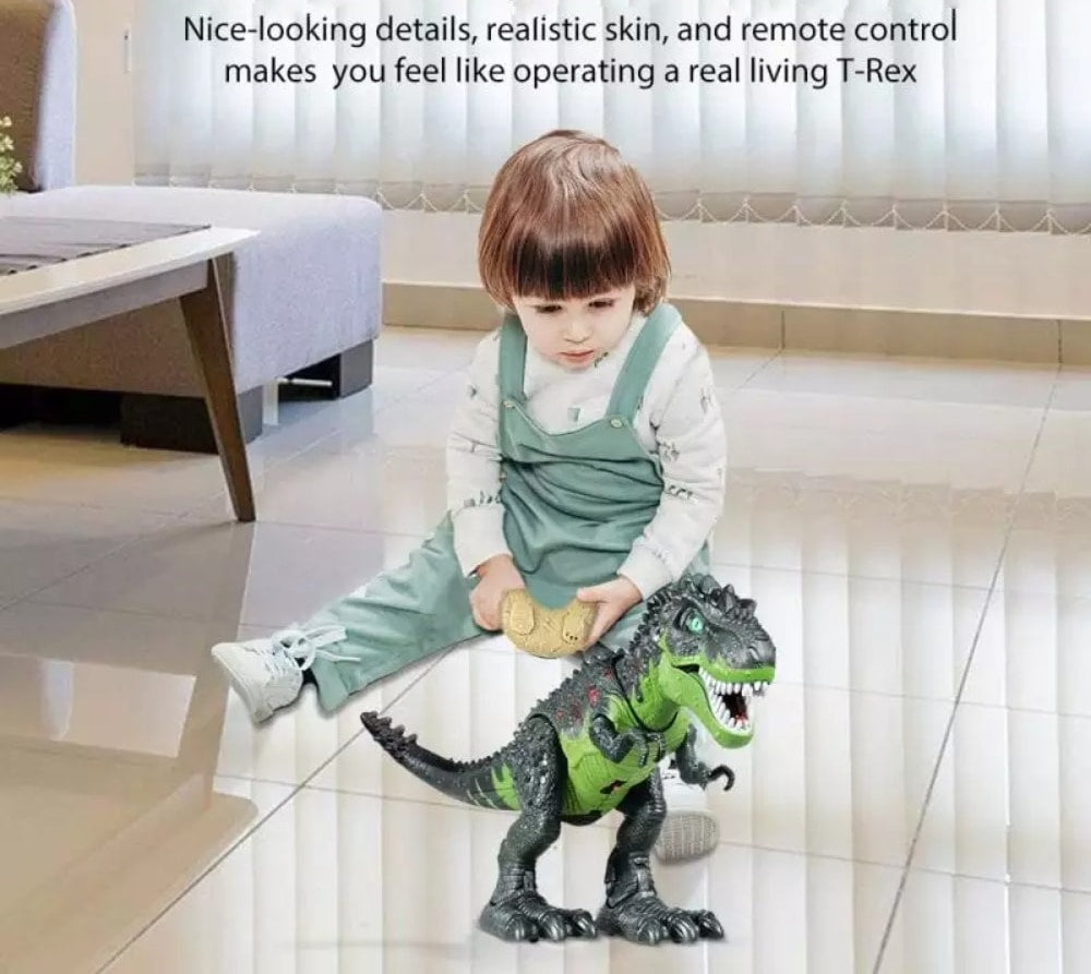 Un robot dinozaur care suflă foc