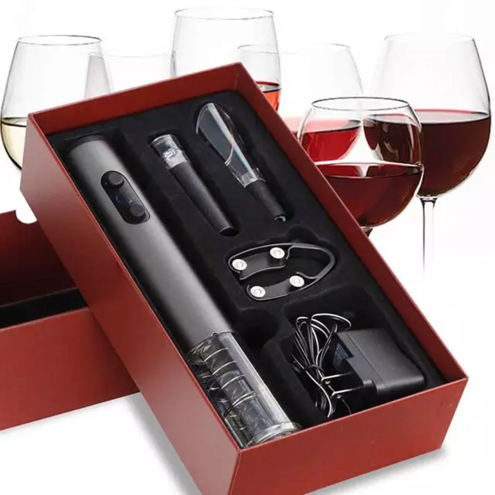 Set 4 în 1 pentru vin, deschizător electric, dop vacuum, aerator și tăietor de folie