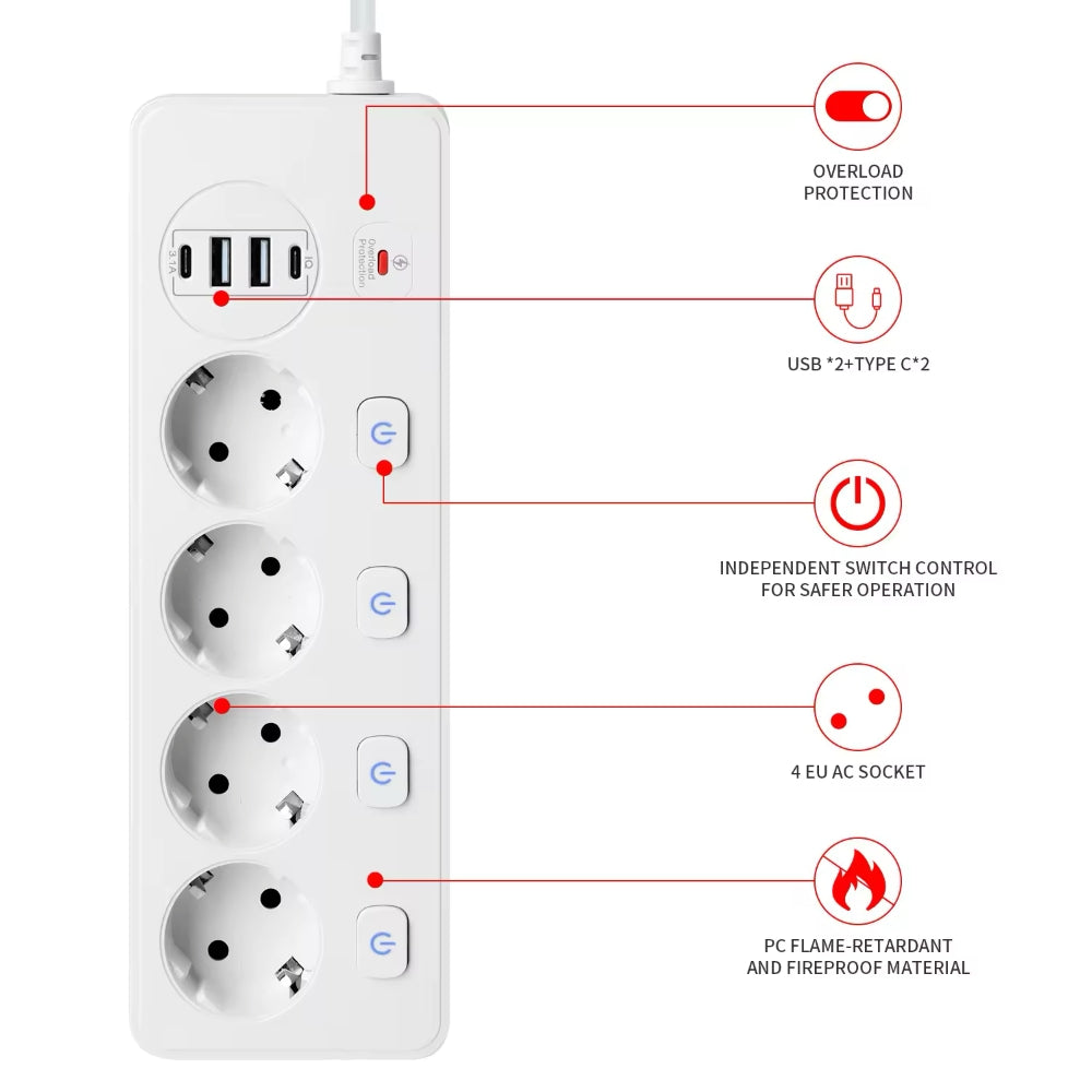 Bandă de alimentare cu protecție la supratensiune, comutator, 4 x Schuko, 2 x USB-A, 2 x USB-C