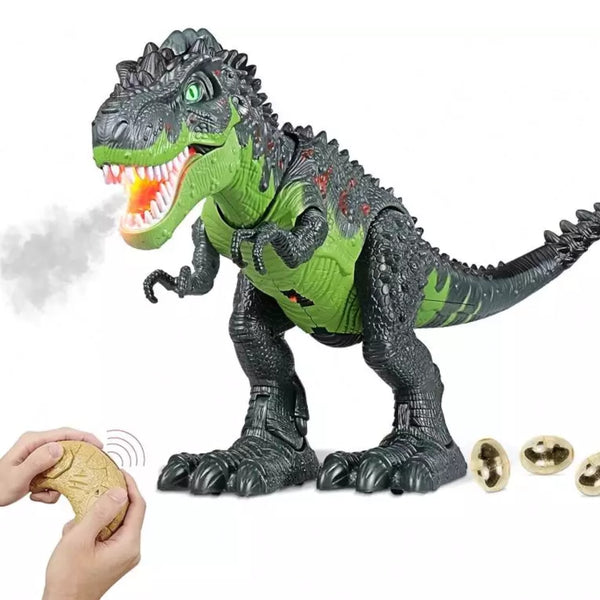 Un robot dinozaur care suflă foc